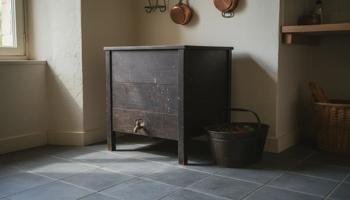 Un lombricomposteur en bois sombre avec un robinet est posé sur un carrelage gris dans le coin d'une cuisine, près d'une poubelle.
