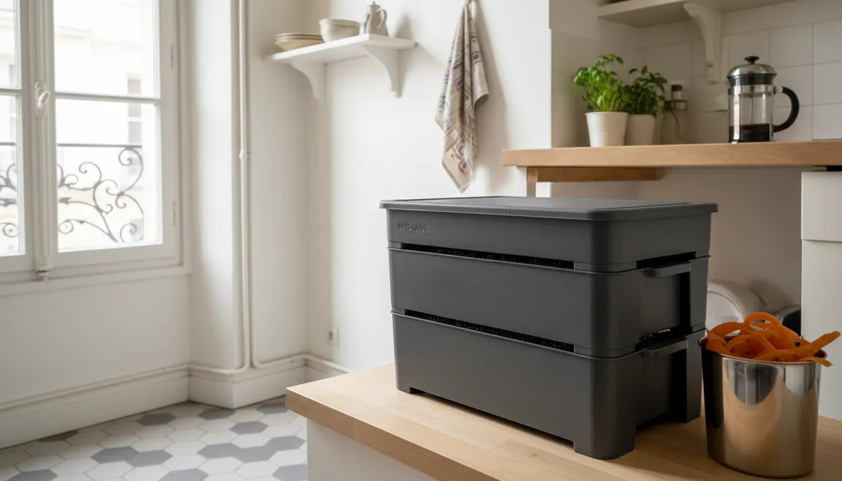 Un lombricomposteur anthracite à plateaux empilés se trouve dans le coin cuisine d'un appartement français.
