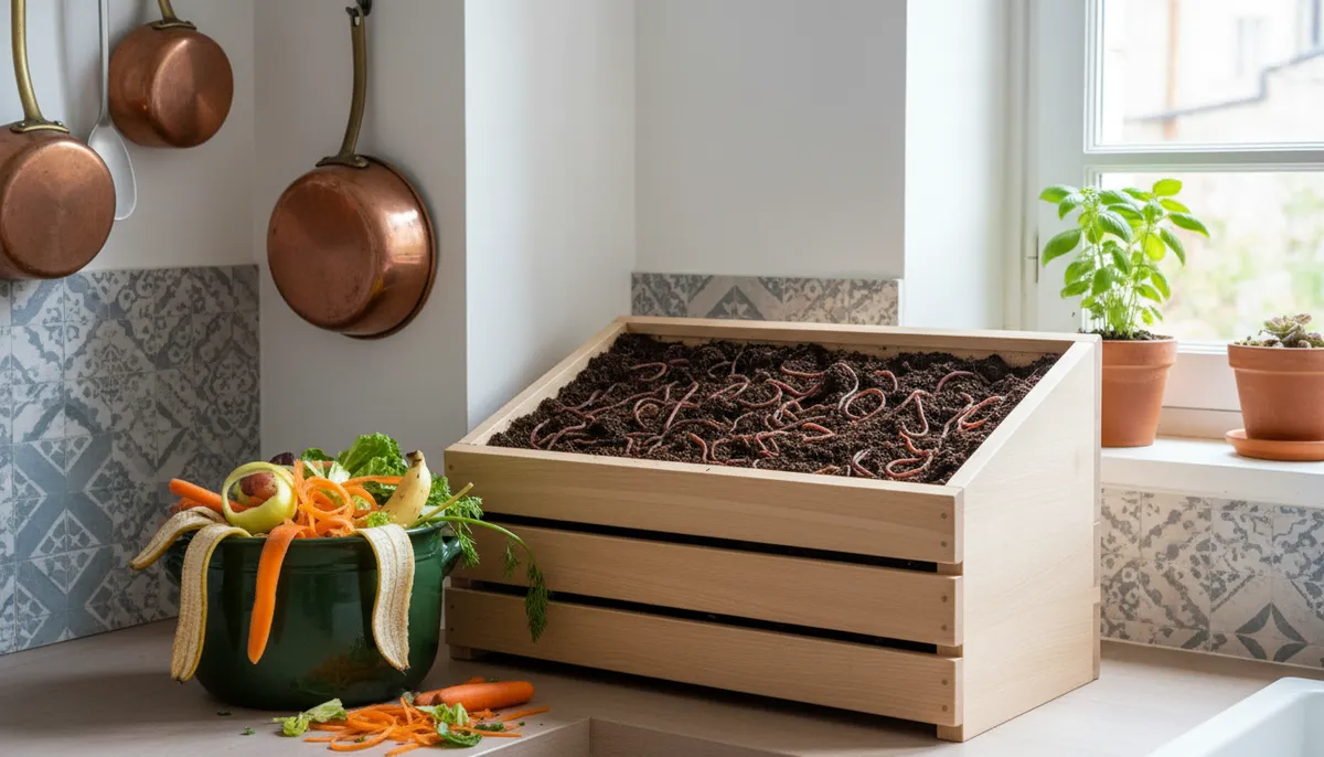 Un lombricomposteur élégant en bois clair, son bac à déchets en céramique verte et des vers de compost actifs dans une cuisine lumineuse.