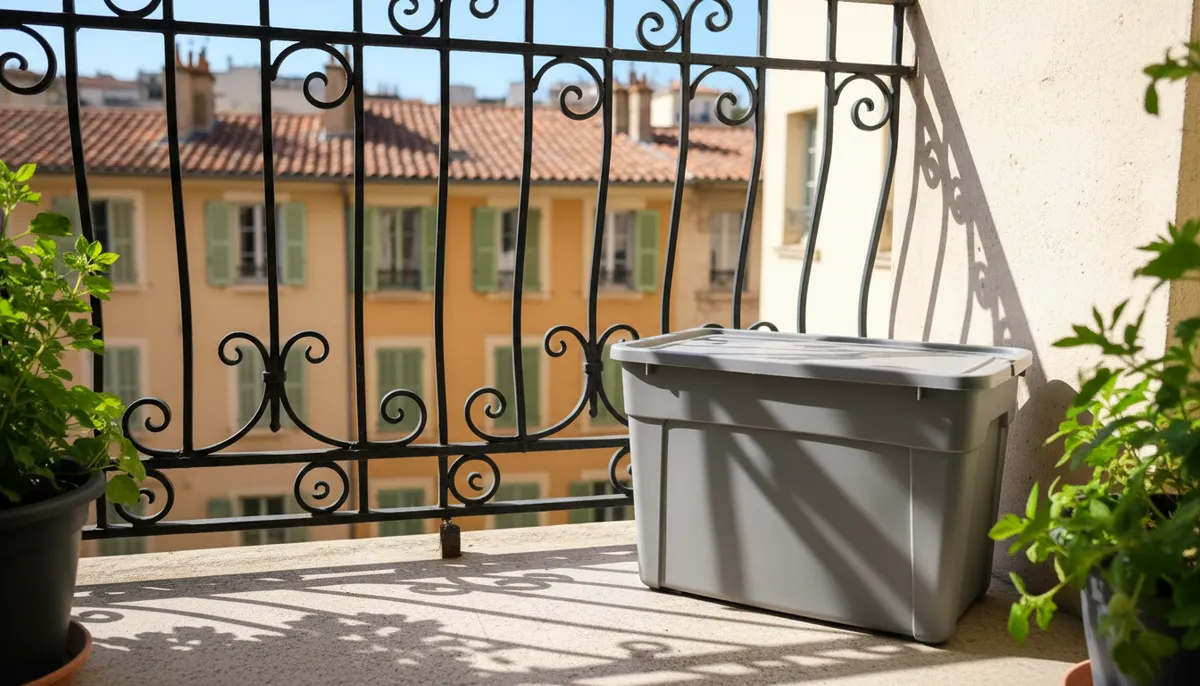 Un petit lombricomposteur en plastique gris est posé sur un balcon ensoleillé, devant une rambarde en fer forgé.