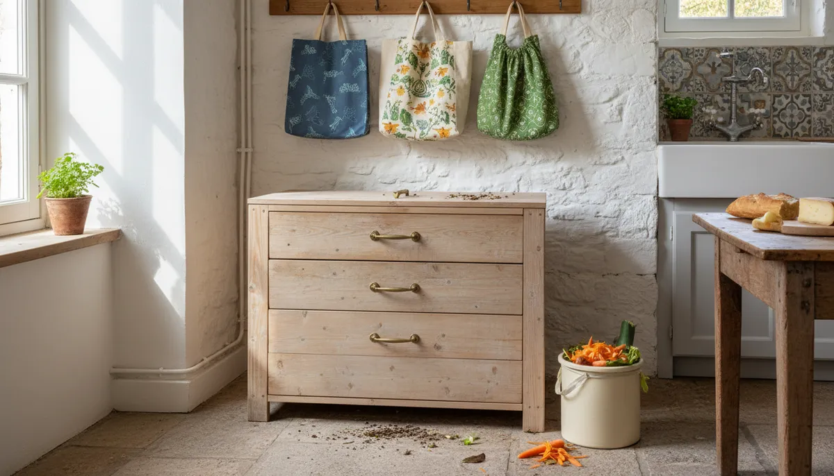 Un lombricomposteur en bois avec des épluchures, un bac à compost et des sacs réutilisables dans un coin cuisine.