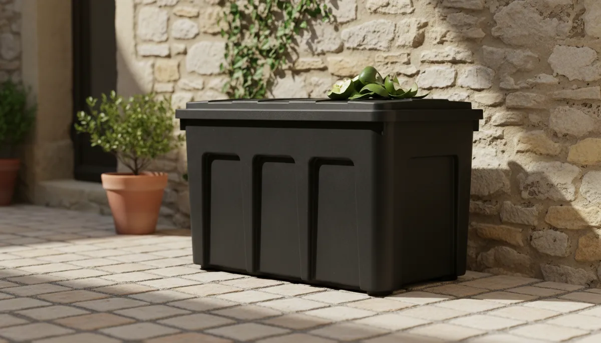 Un lombricomposteur en plastique noir est placé dans une petite cour pavée, recevant la lumière du soleil.