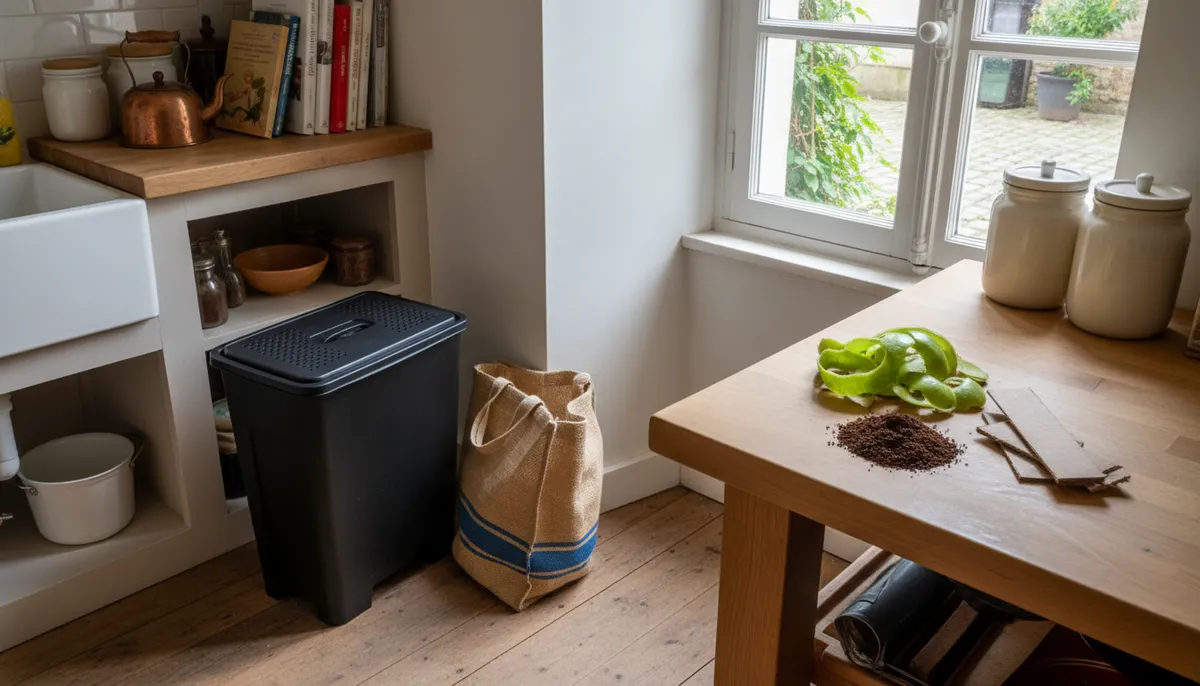 Un petit lombricomposteur noir et un sac de courses réutilisable dans un coin cuisine baigné de lumière naturelle.