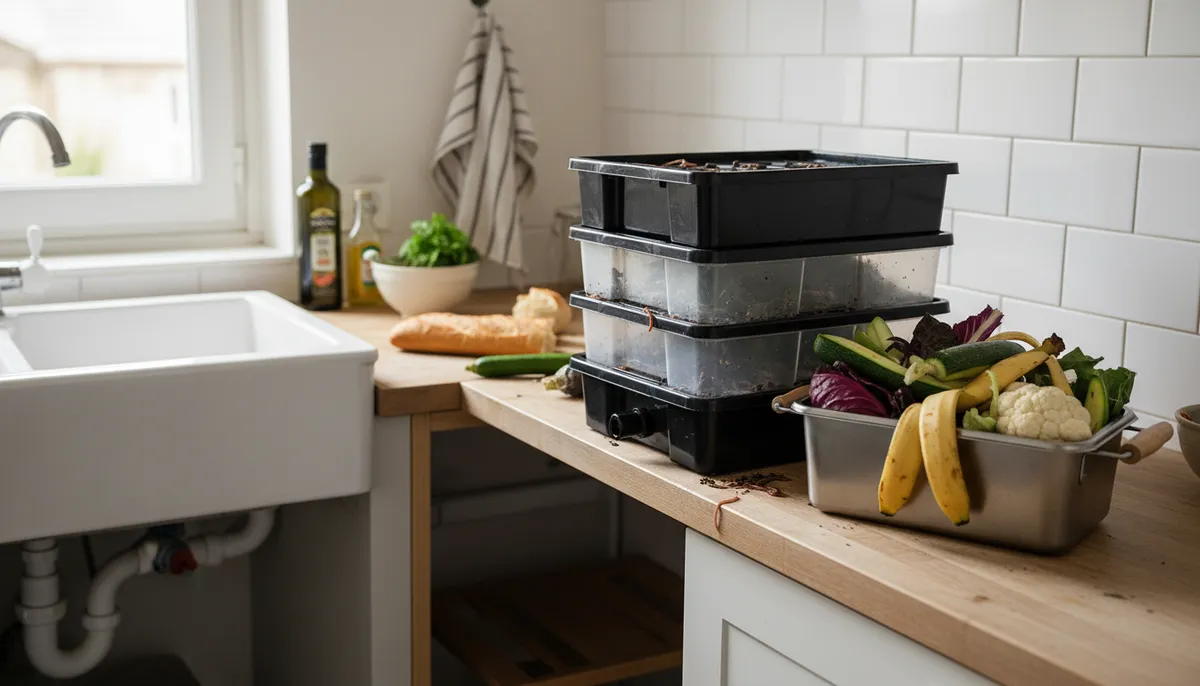 Un lombricomposteur en plastique sous un évier de cuisine, avec un bac à compost et des épluchures de légumes.