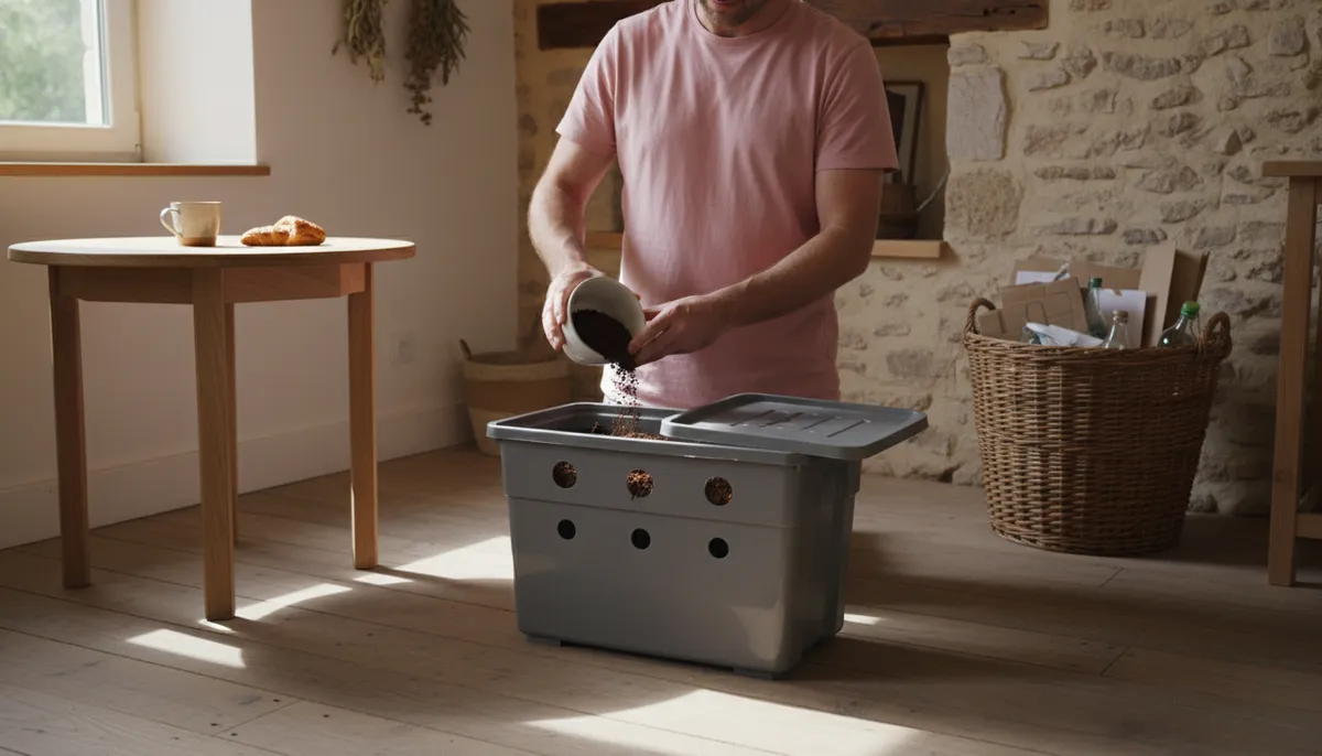 Un homme verse du marc de café dans un lombricomposteur en plastique gris installé dans un coin cuisine en bois clair.